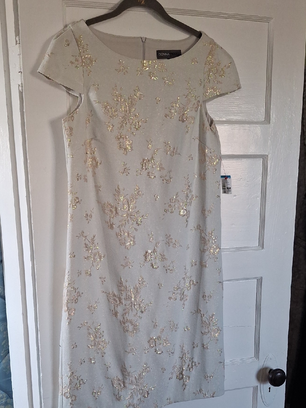 Donna Ricco  Cream Midi Dress with Gold  Embroidery